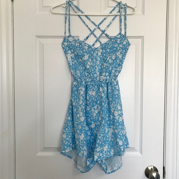 SHEIN Strappy Open Back Floral Romper XS Blue White Sweetheart Neckline - Picture 10 of 16